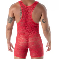 Body à Poches en Dentelle Fluide Rouge