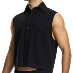 Chemise Crop Sans Manches en Lin Noire