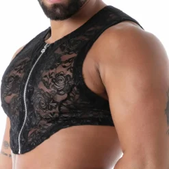 Crop Top Zippé en Dentelle Fluide Noir