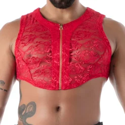 Crop Top Zippé en Dentelle Fluide Rouge