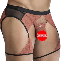 Ensemble Jarretière - String Ficelle Dentelle Terracotta