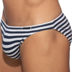 Slip Bikini Marinière Marine - Blanc