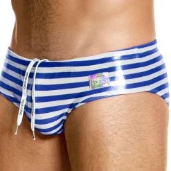Slip de Bain Classic Laminated Rayé Bleu - Blanc
