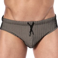 Slip de Bain Rayé Noir - Beige