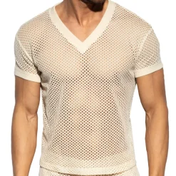 T-Shirt Col V Crochet Beige