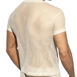 T-Shirt Col V Crochet Beige