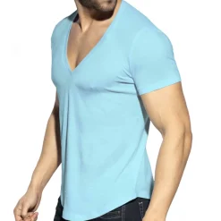 T-Shirt Col V Plongeant Bleu Ciel